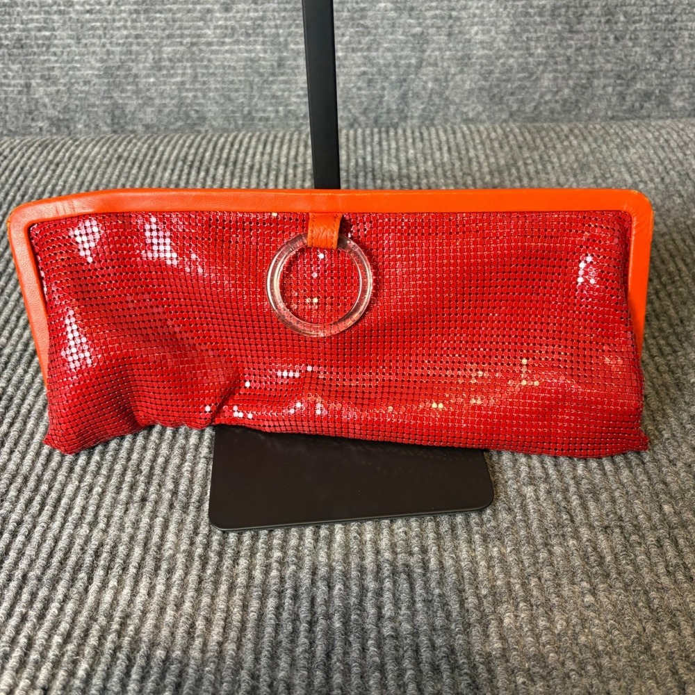 Whiting & Davis Red Mesh Clutch Purse Orange Leather Trim Acrylic Ring Y2K Bag